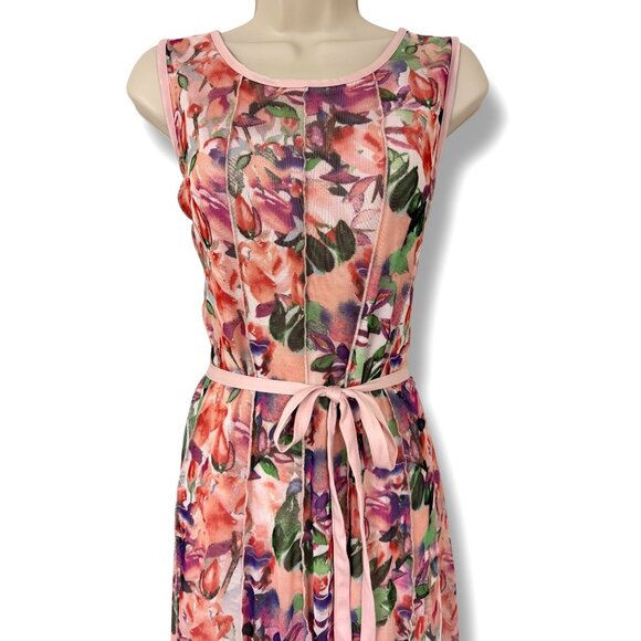 ILE Floral Print Mesh Fit & Flare Ruffle Hem Dress with Tie Size 16 Summer Party - Picture 2 of 6